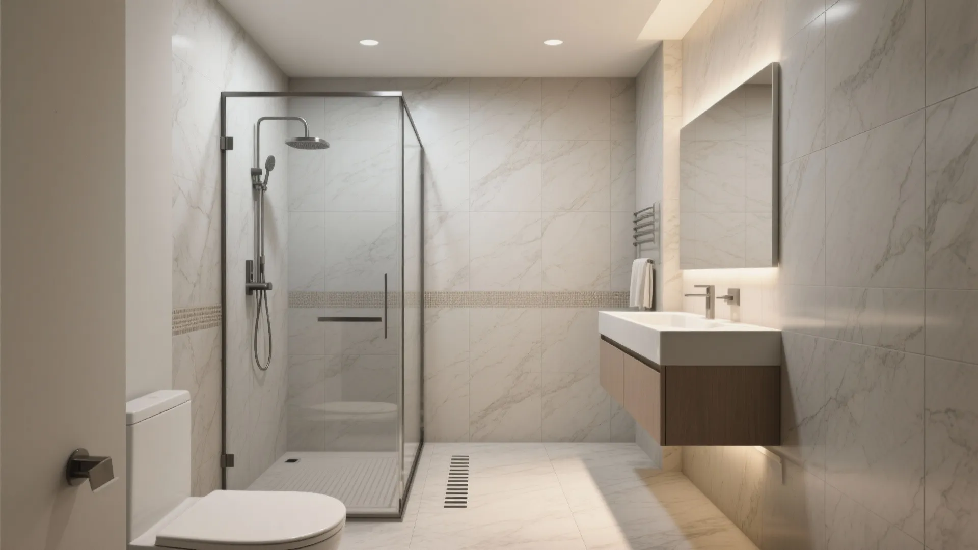 Modern bathroom with marble wall tiles glass shower room wood cabinet white sink and bright mirror
