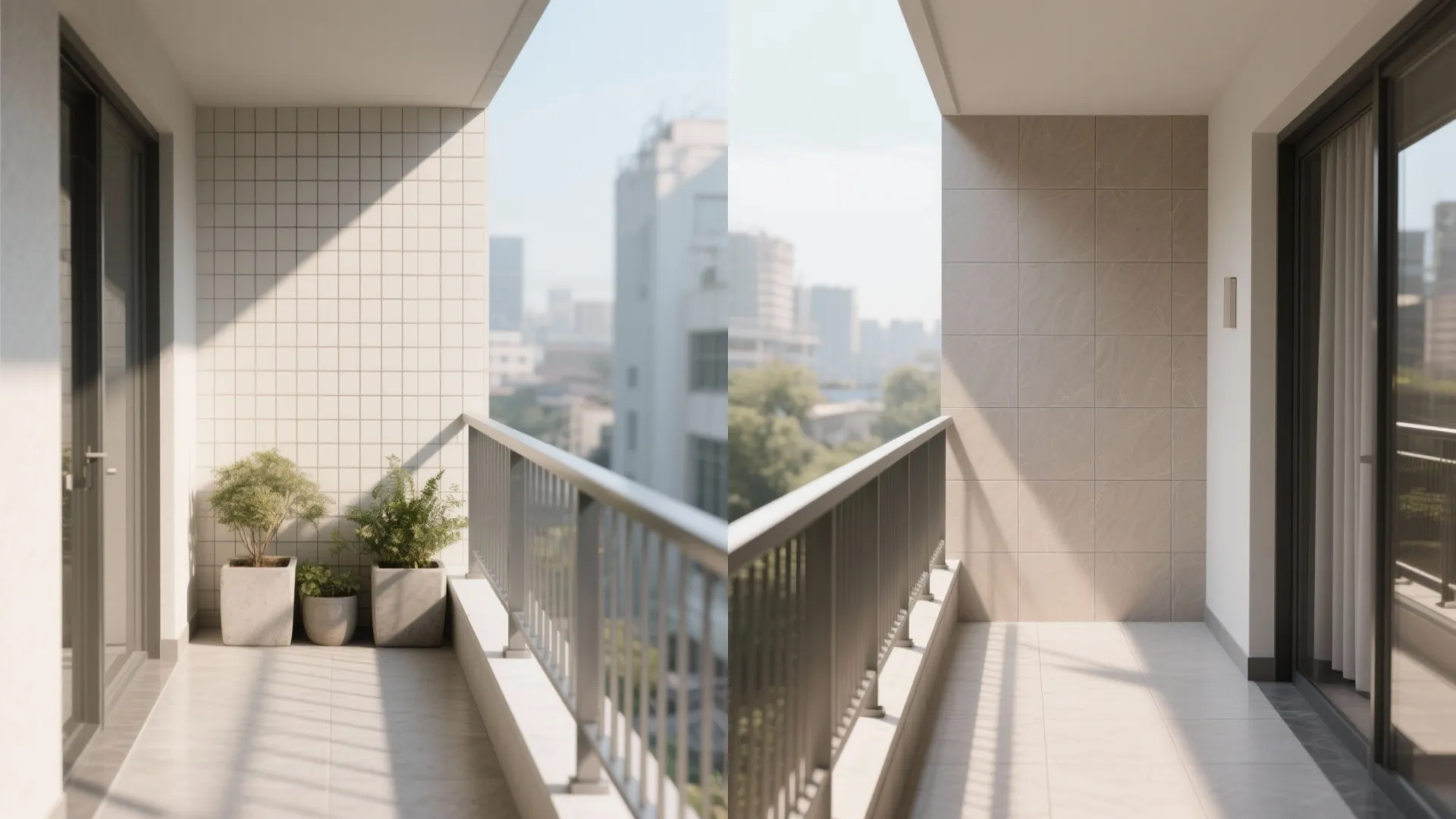 Side by side comparison of small white square tiles versus large beige square stone tiles