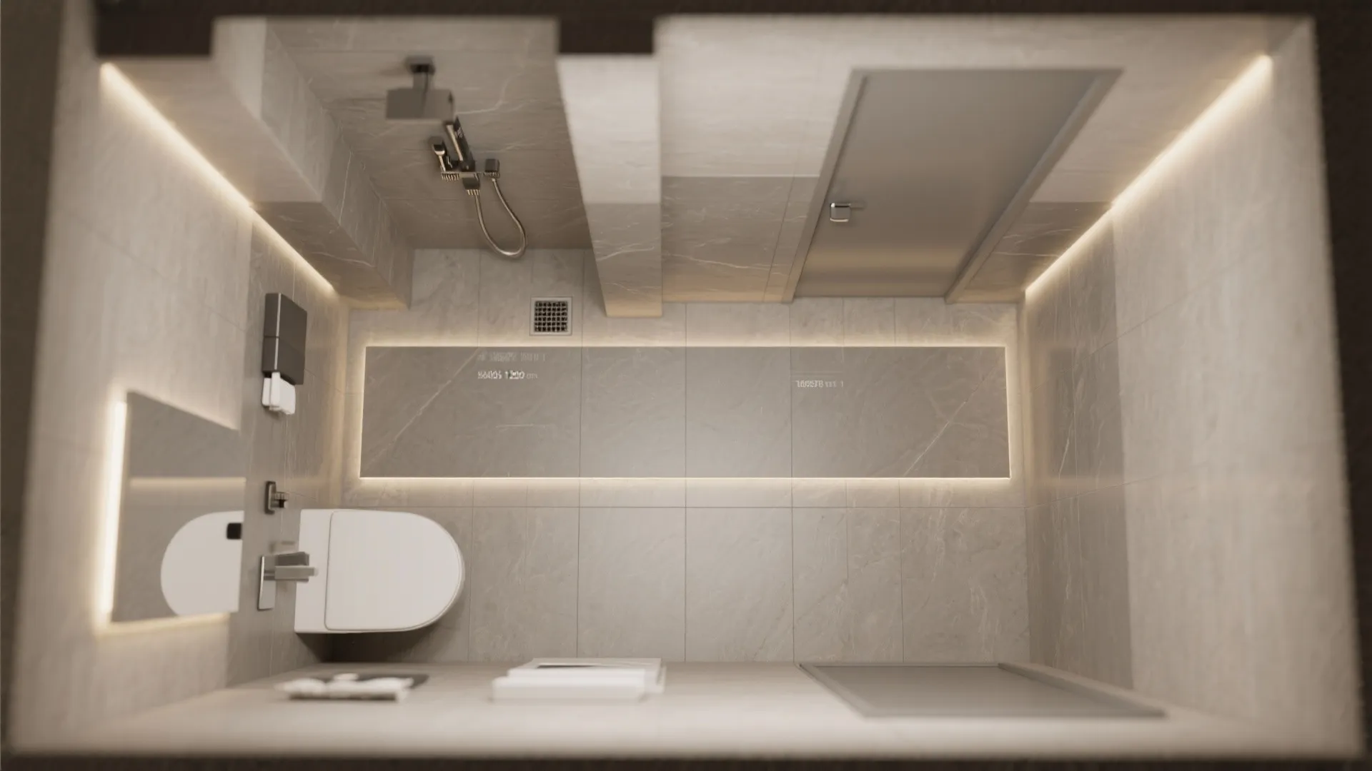 Top down interior design drawing of a modern bathroom with toilet shower and wall light