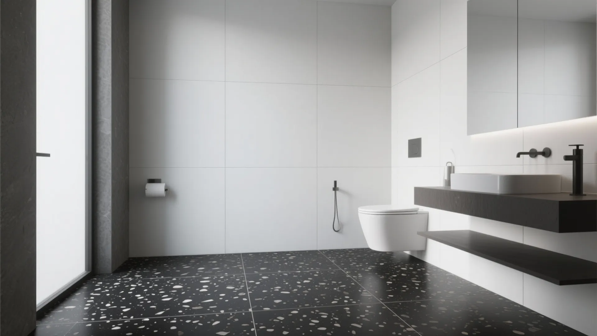 Large-format white walls with black terrazzo floor