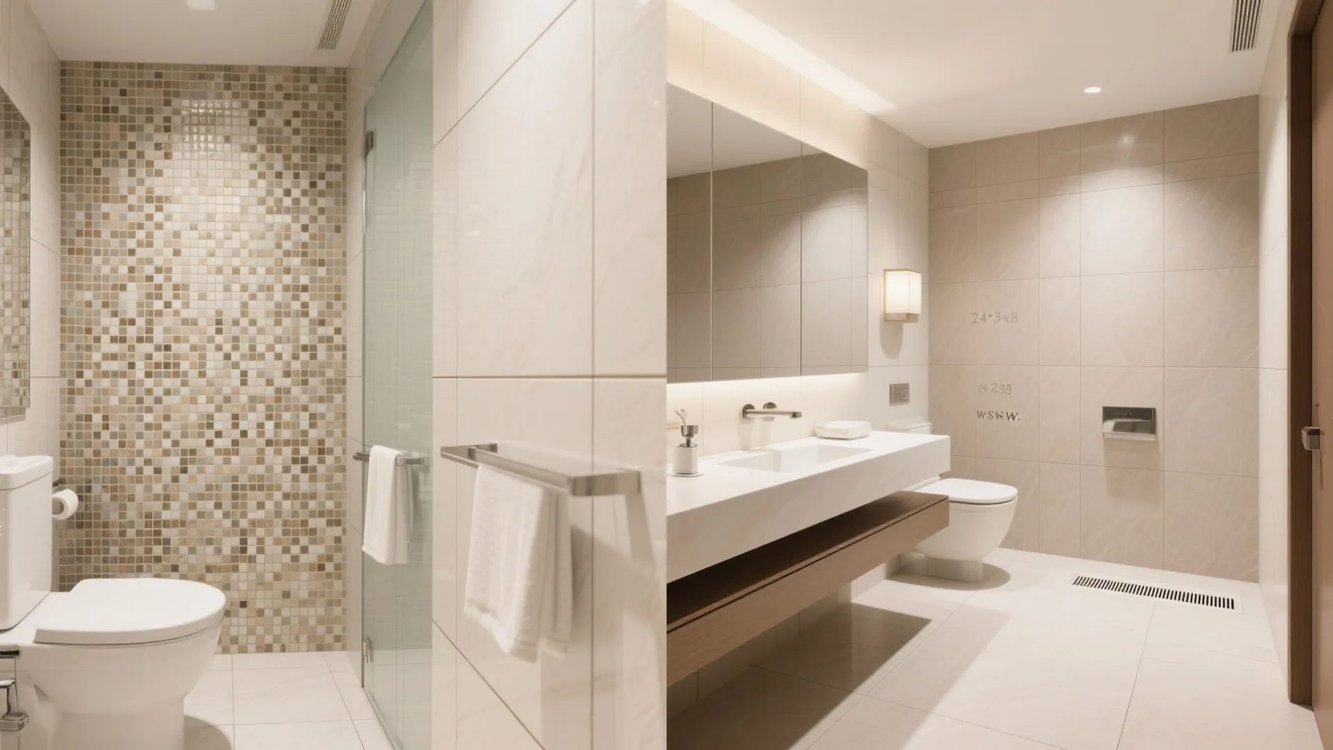 Split screen comparing two modern bathroom designs featuring beige tiles toilets and large wall mirrors