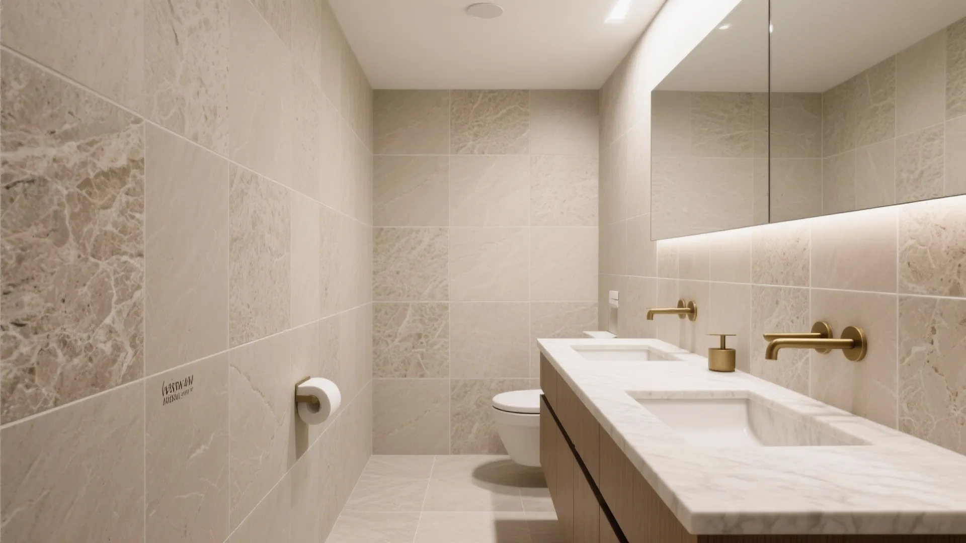 Modern bathroom with large beige stone tiles double sink marble counter and gold water tap fixtures