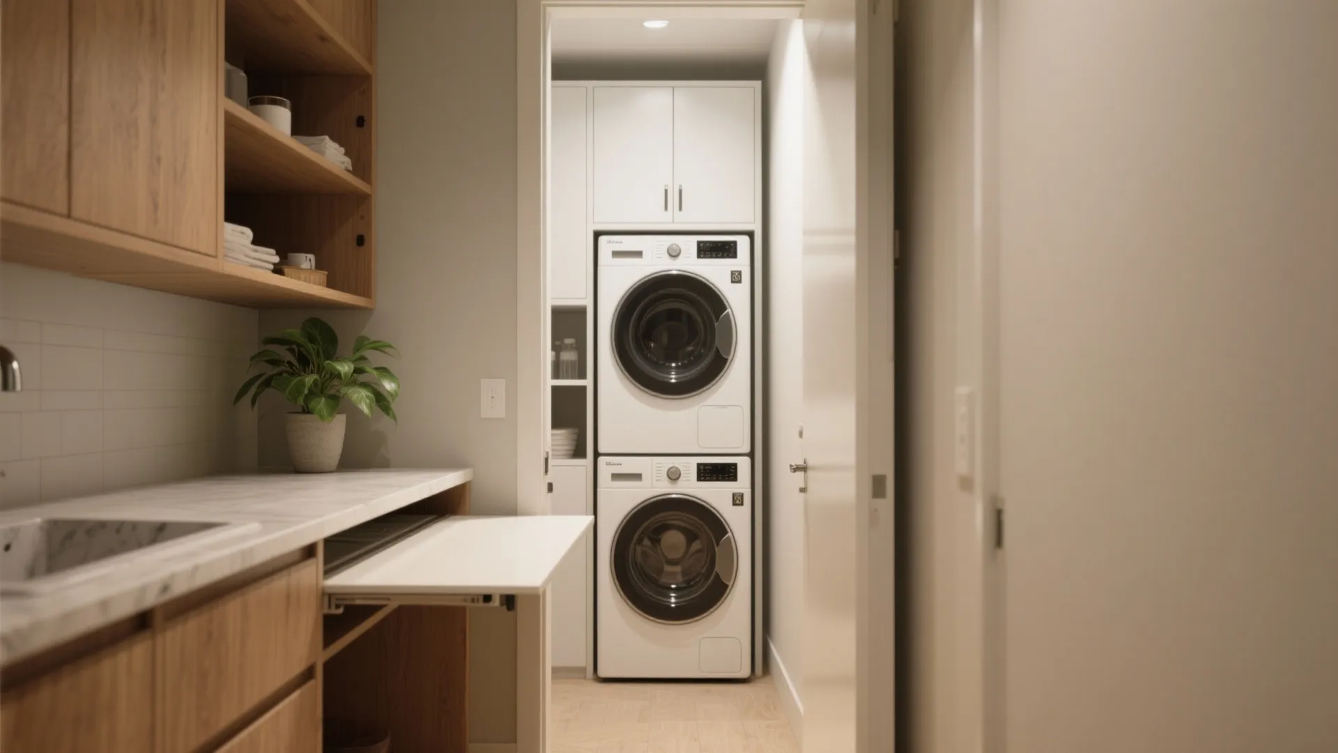 Small laundry area with stacked white washing machine and dryer next to a wood cabinet