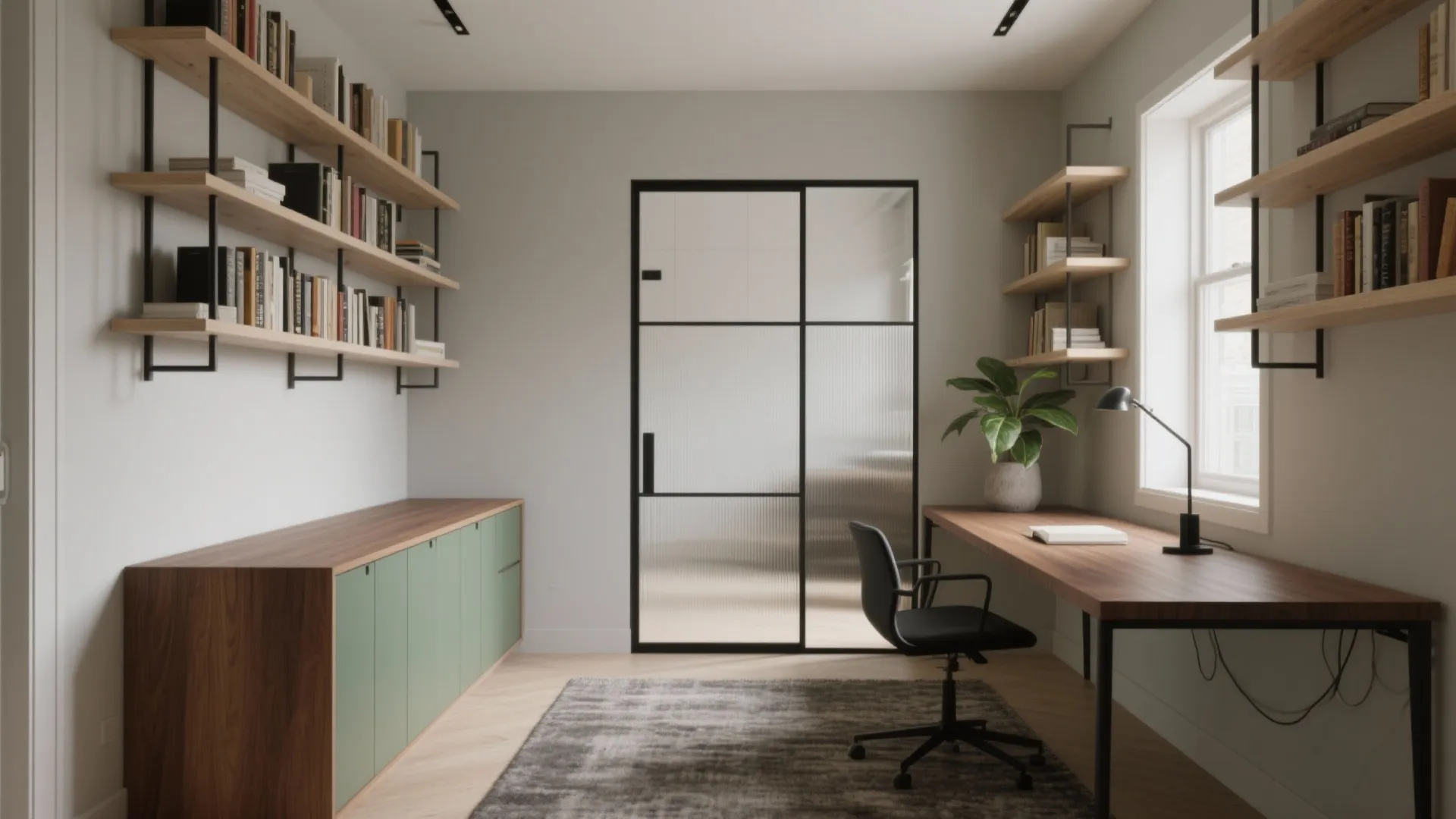 Home office featuring wooden desk black chair wall shelves green cabinet and black glass door