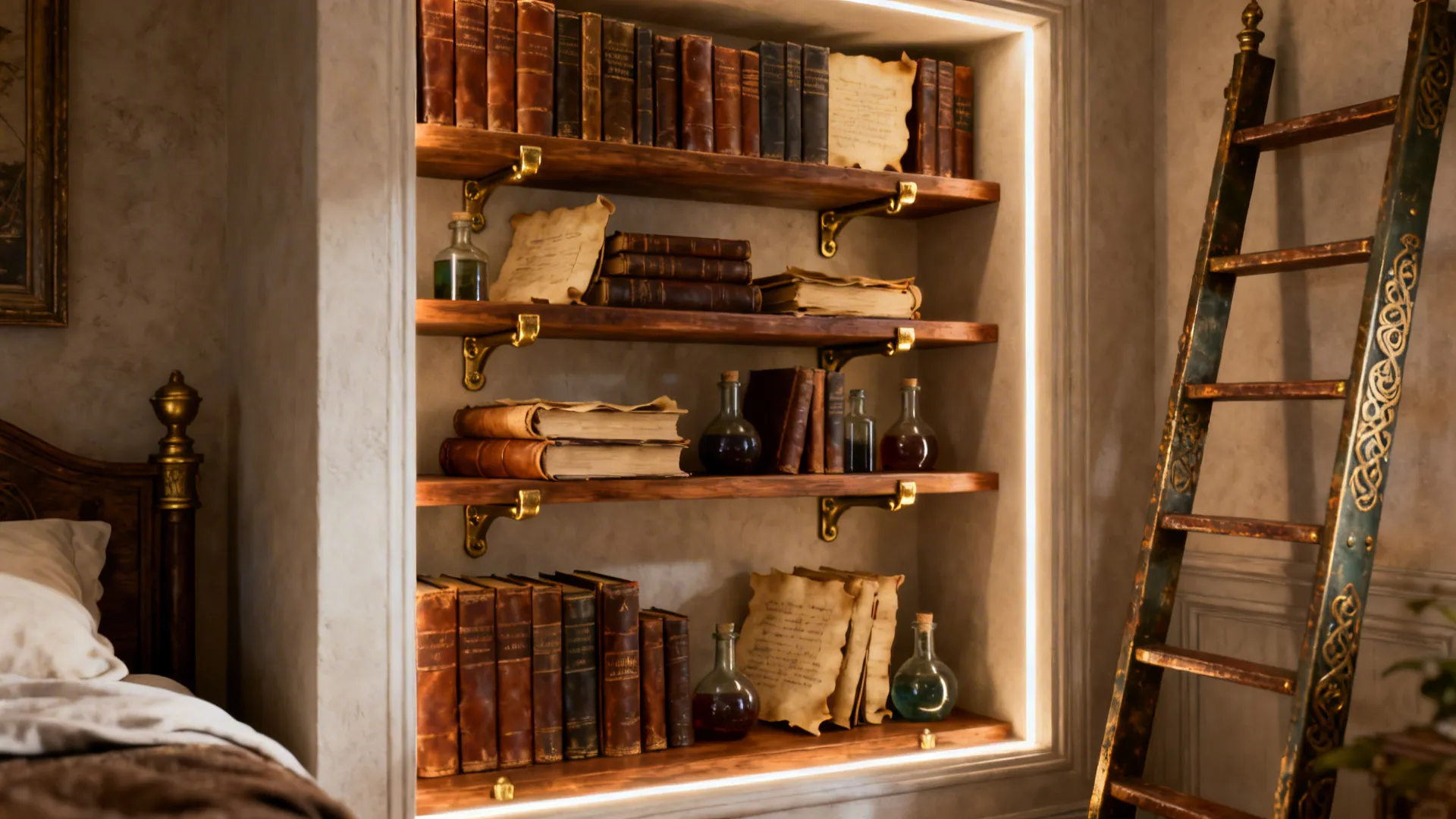 Wooden shelves with old books glass bottles and scrolls featuring warm lighting and wooden ladder