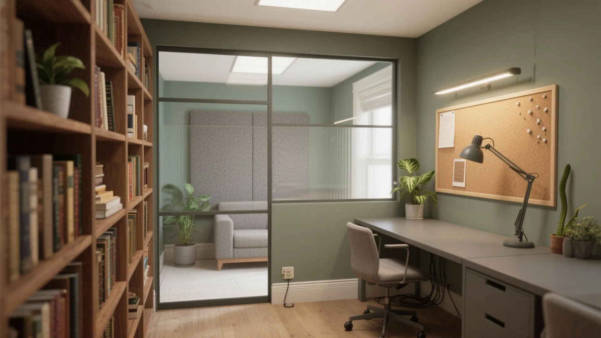 Green home office featuring wooden bookshelf desk chair glass wall and modern grey sofa view
