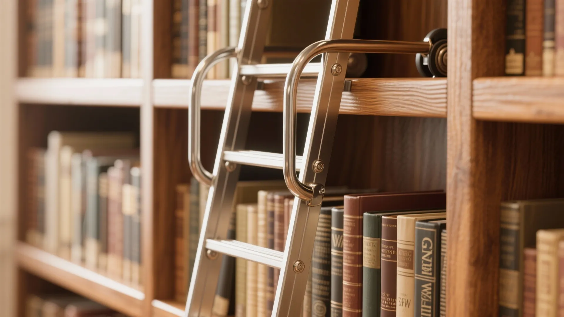 Close up of a metal rolling ladder attached to a wooden bookshelf filled with books