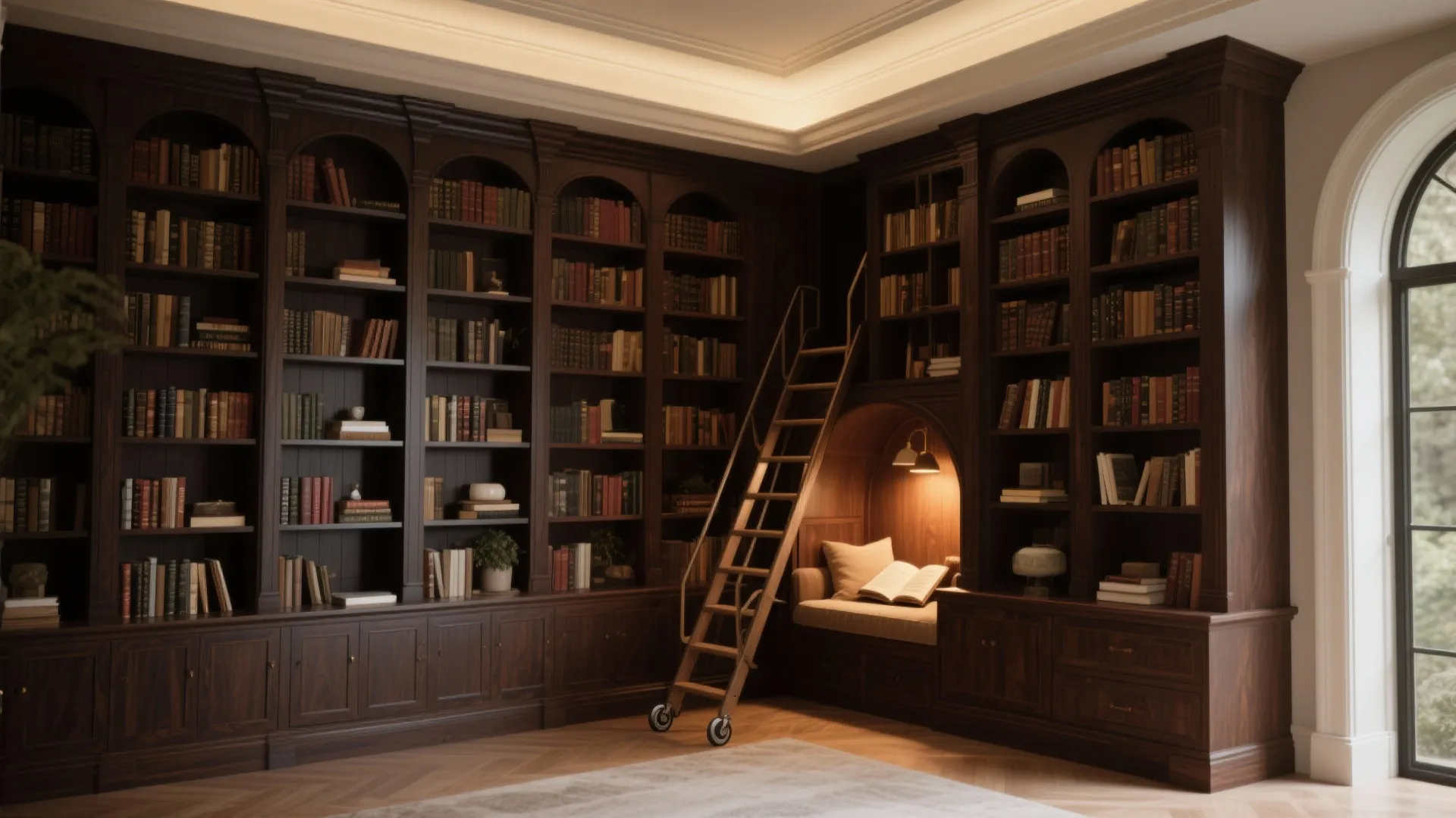 Classic dark wood home library with tall rolling wooden ladder cozy reading nook and window