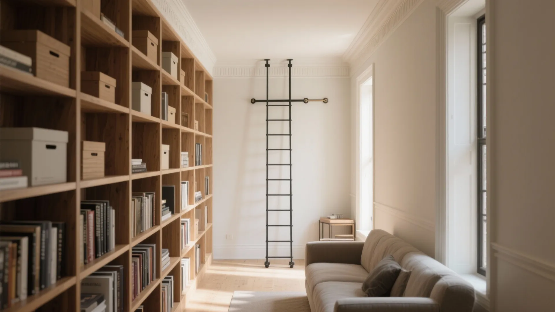 Floor-to-Ceiling Library Walls with a Slim Ladder