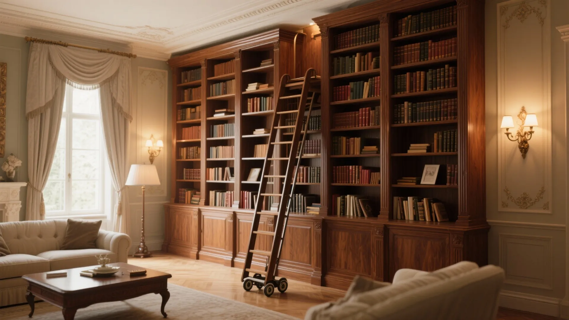 Tall bookcase with rolling library ladder in living room