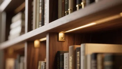 Warm Wooden Bookshelf with Integrated Lighting