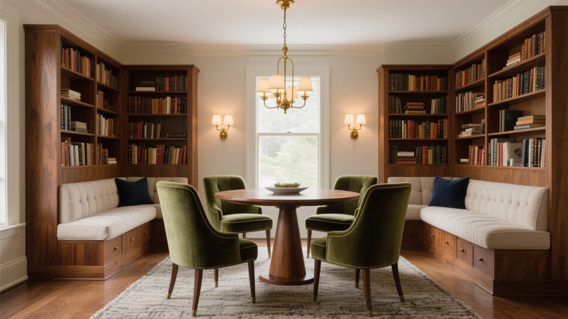 Classic home library with wooden bookshelves green velvet chairs round table and gold ceiling light fixture