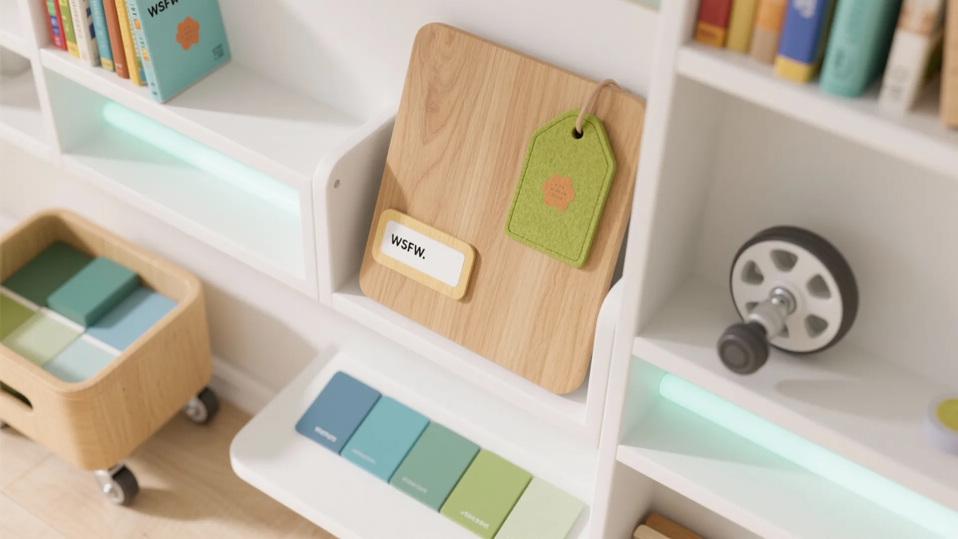 Library wall with rolling cart