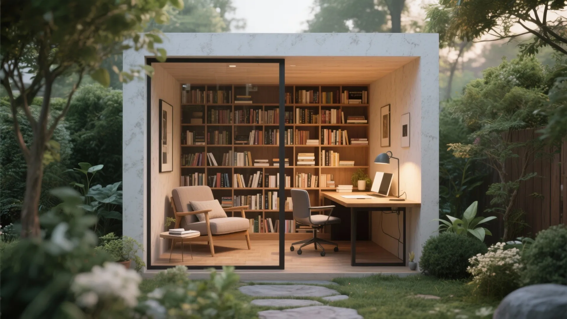 Tiny backyard library office with books and desk