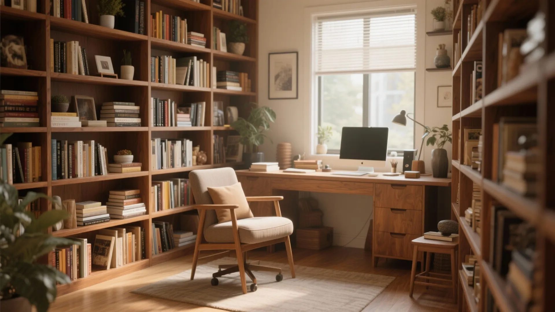 Home library with tall wooden bookshelves, desk, computer, comfortable chair, rug, and a sunny window