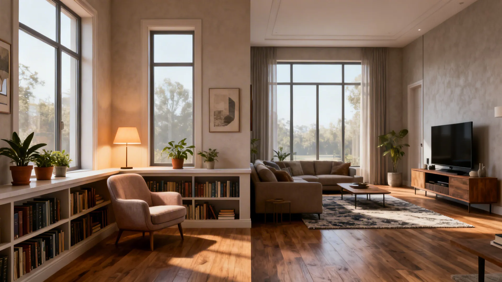 Cozy living room with pink armchair, white bookshelves, wood floor, sofa, television, and natural light