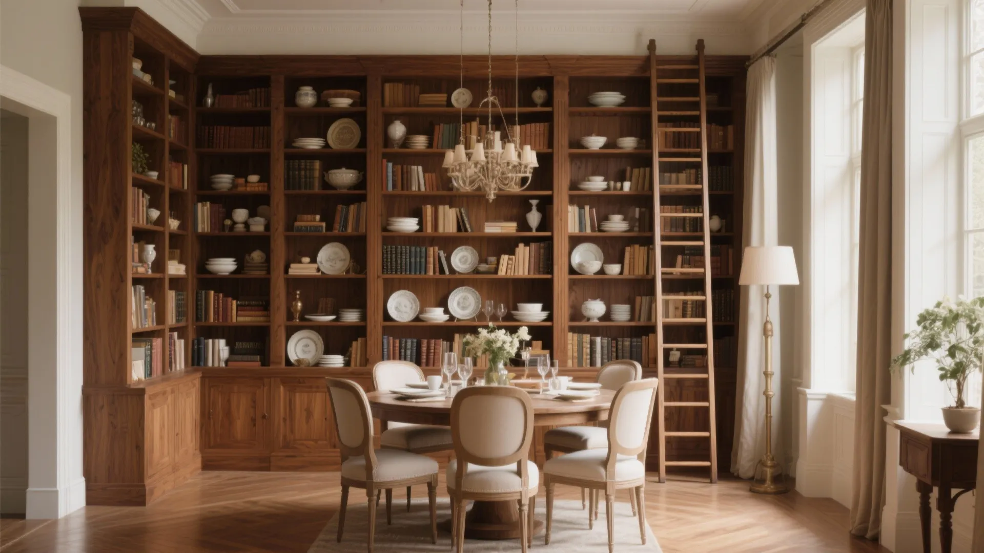 Classic dining room featuring large wood bookshelves with ladder round table and elegant ceiling light