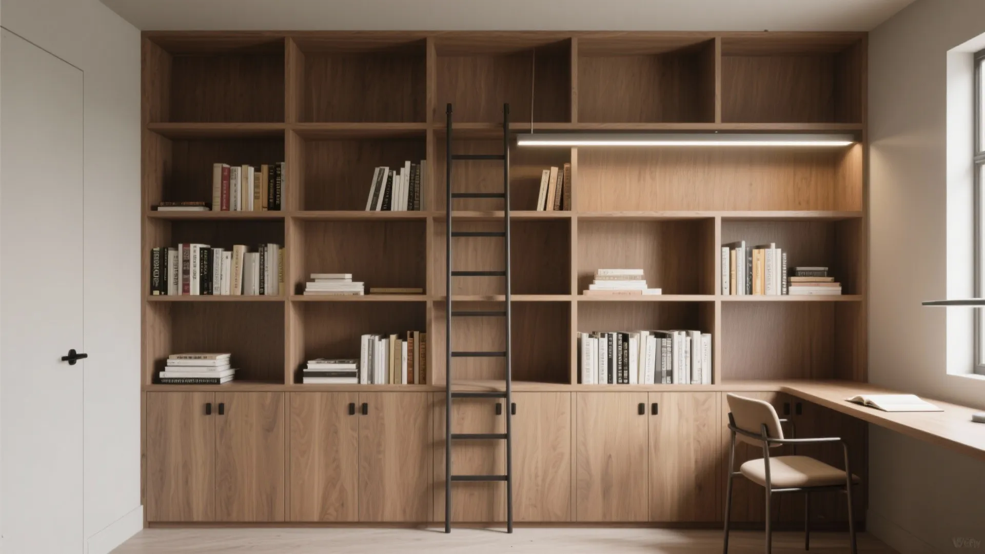Built-in vertical library wall with closed base cabinets, open upper shelves, and a slim ladder in warm oak.