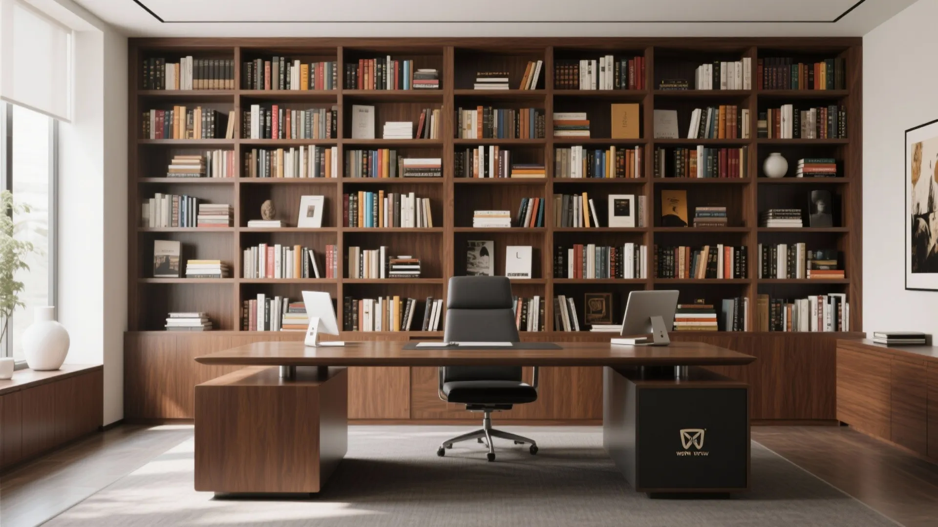 Modern home office with large wooden bookshelf wall behind desk with black chair and monitors