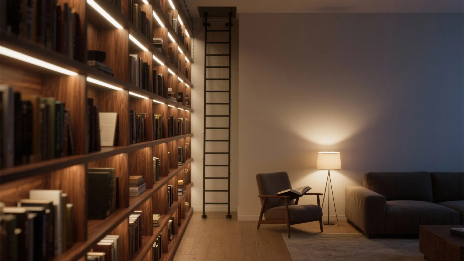 Floor-to-Ceiling Library Wall With Ladder