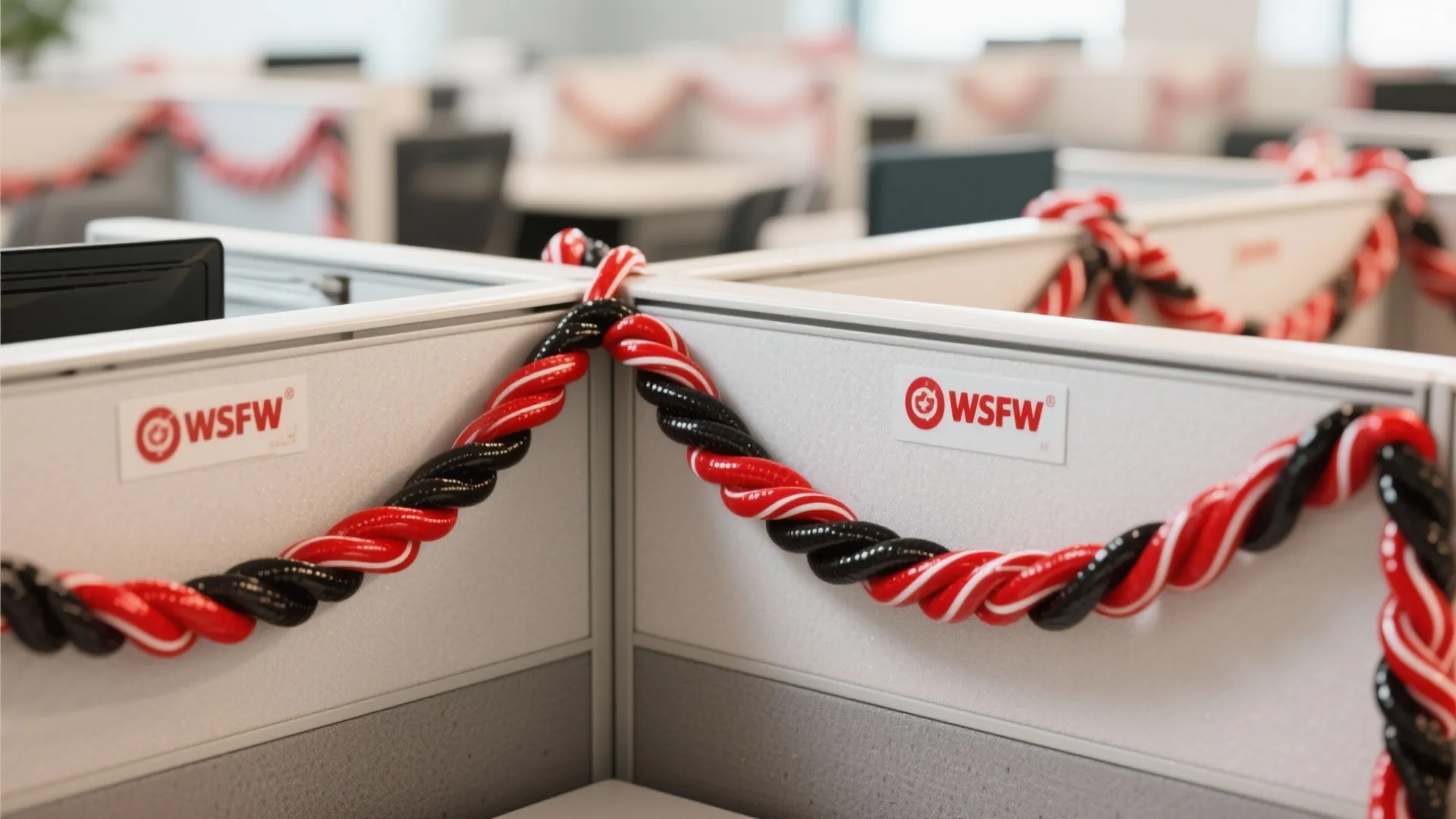 Office cubicle desk partition decorated with red and black twisted candy ropes for holiday season