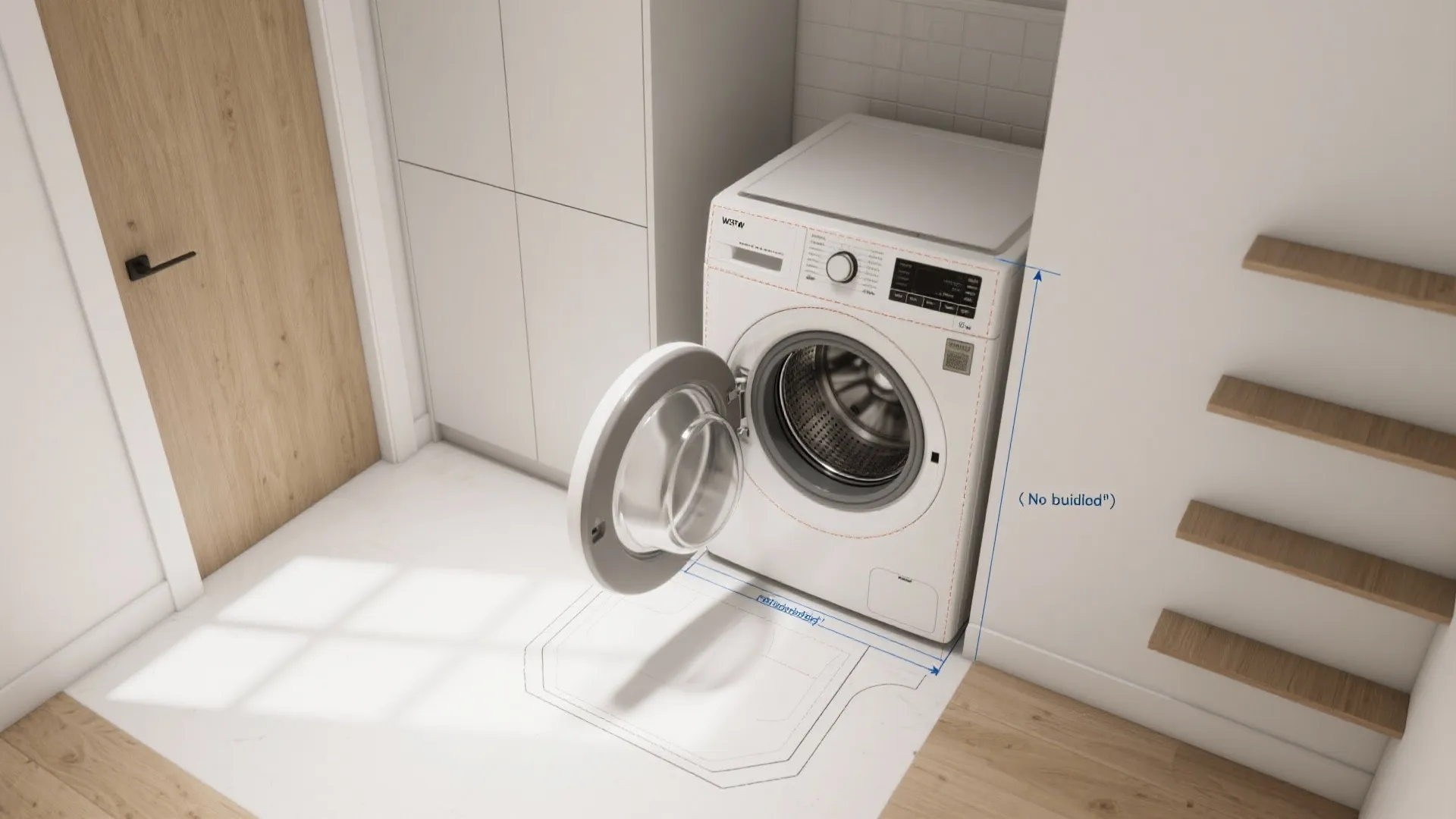 Tall vertical cabinet with adjustable shelves and a “no-swing” zone