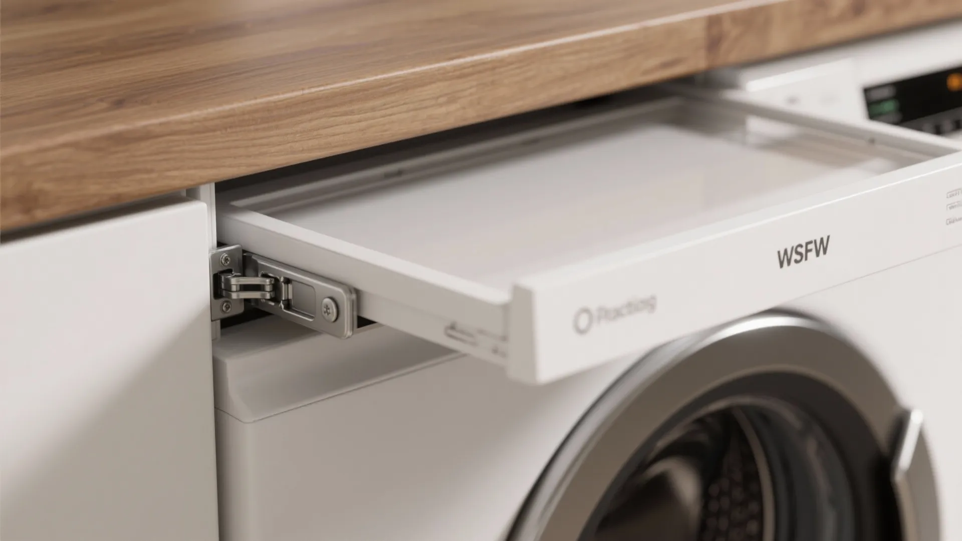 Close up of a pull out white drawer above a washing machine under wooden counter