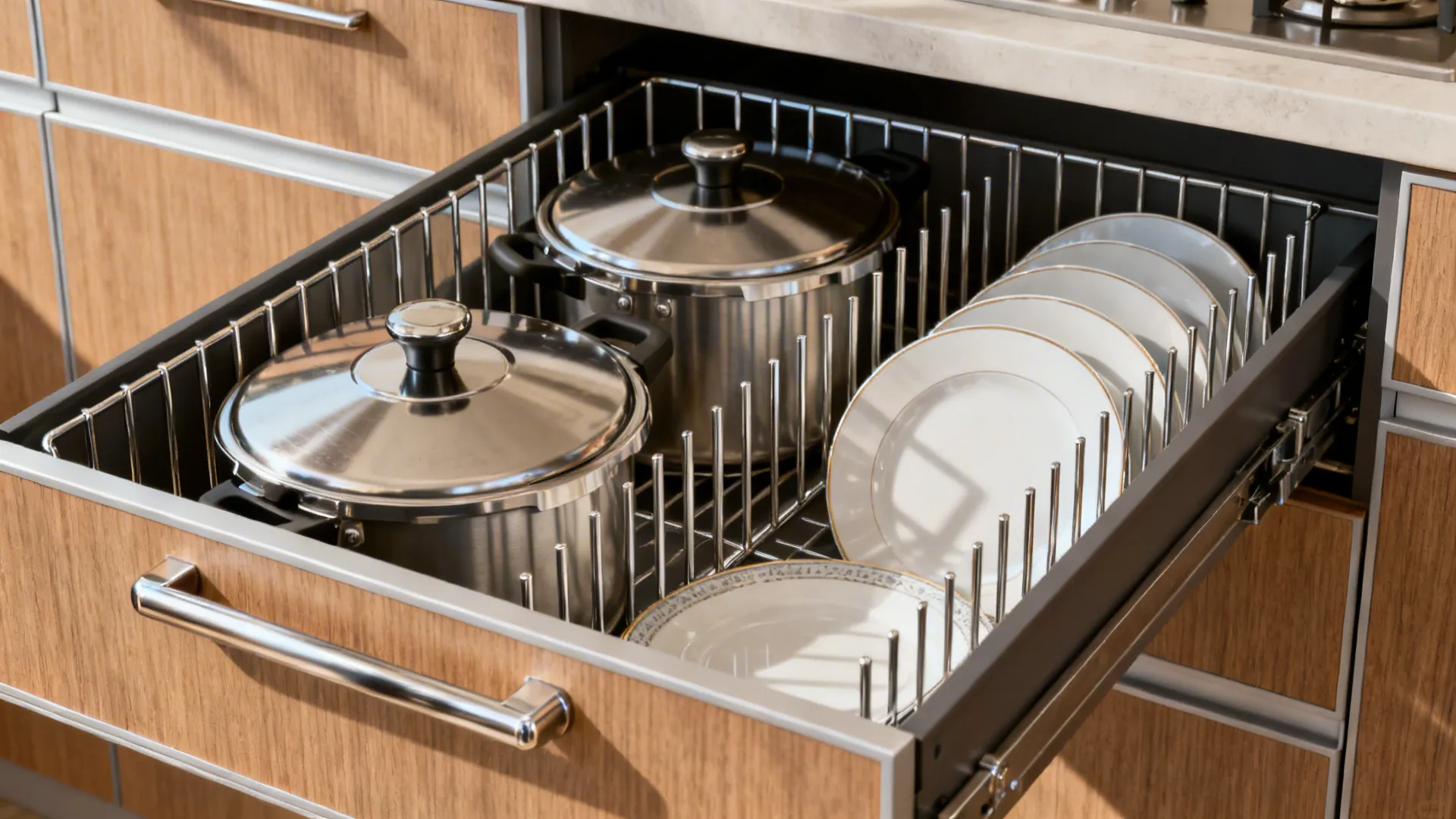 Macro of vertical dividers organizing pressure cooker lids in a heavy-duty kitchen drawer.