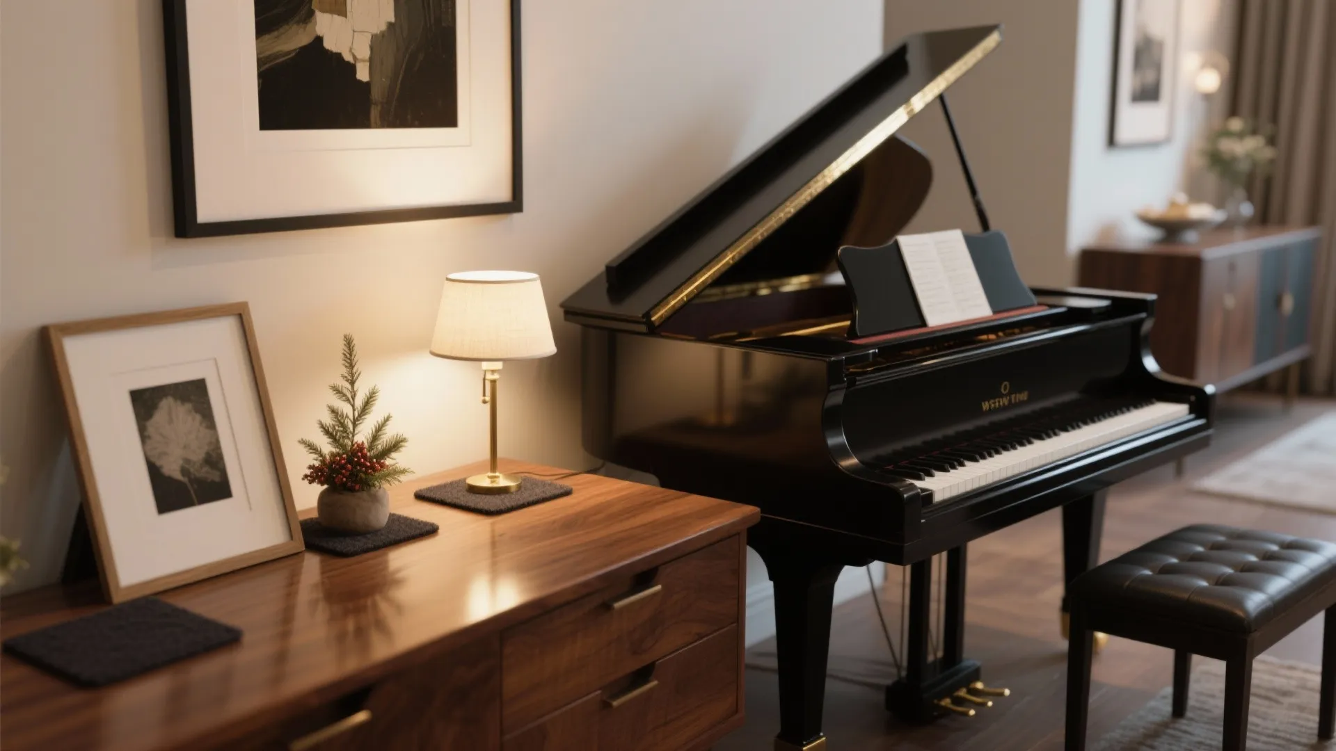 Close-up of a piano lid styled with framed art, an LED lamp, and felt pads protecting the finish.