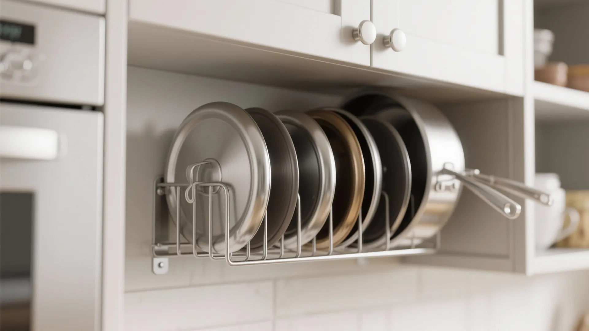 Metal kitchen cabinet rack holding several pot lids and a frying pan for organized storage
