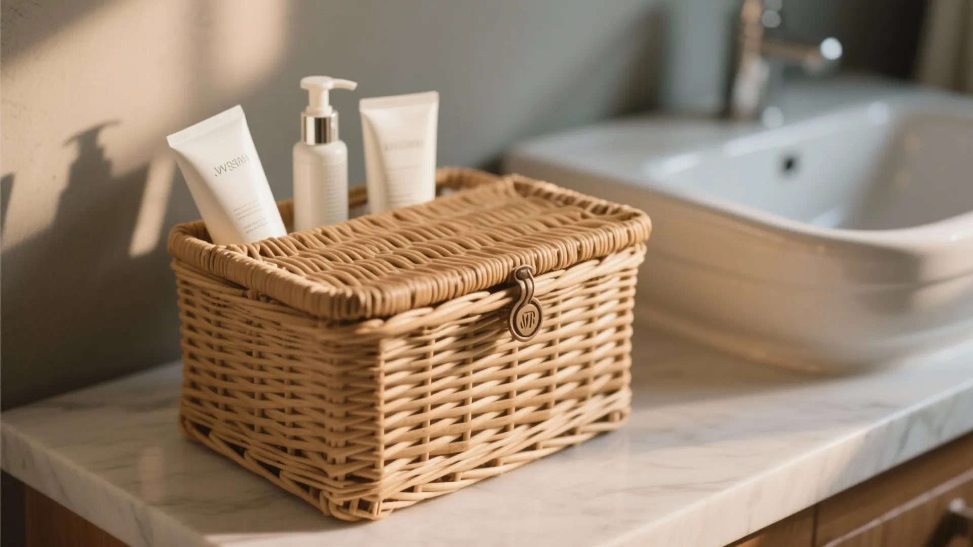 Woven storage basket with lid holding skincare products on a white marble bathroom counter top