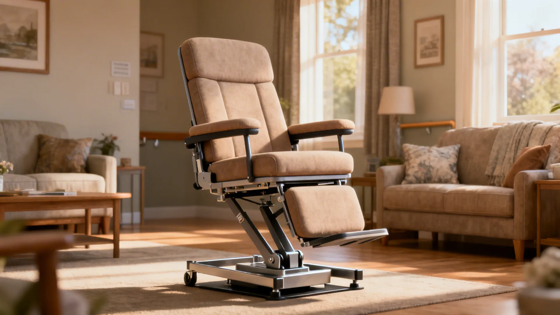 Lift-assist orthopedic chair with wide sturdy arms in a senior-friendly living room