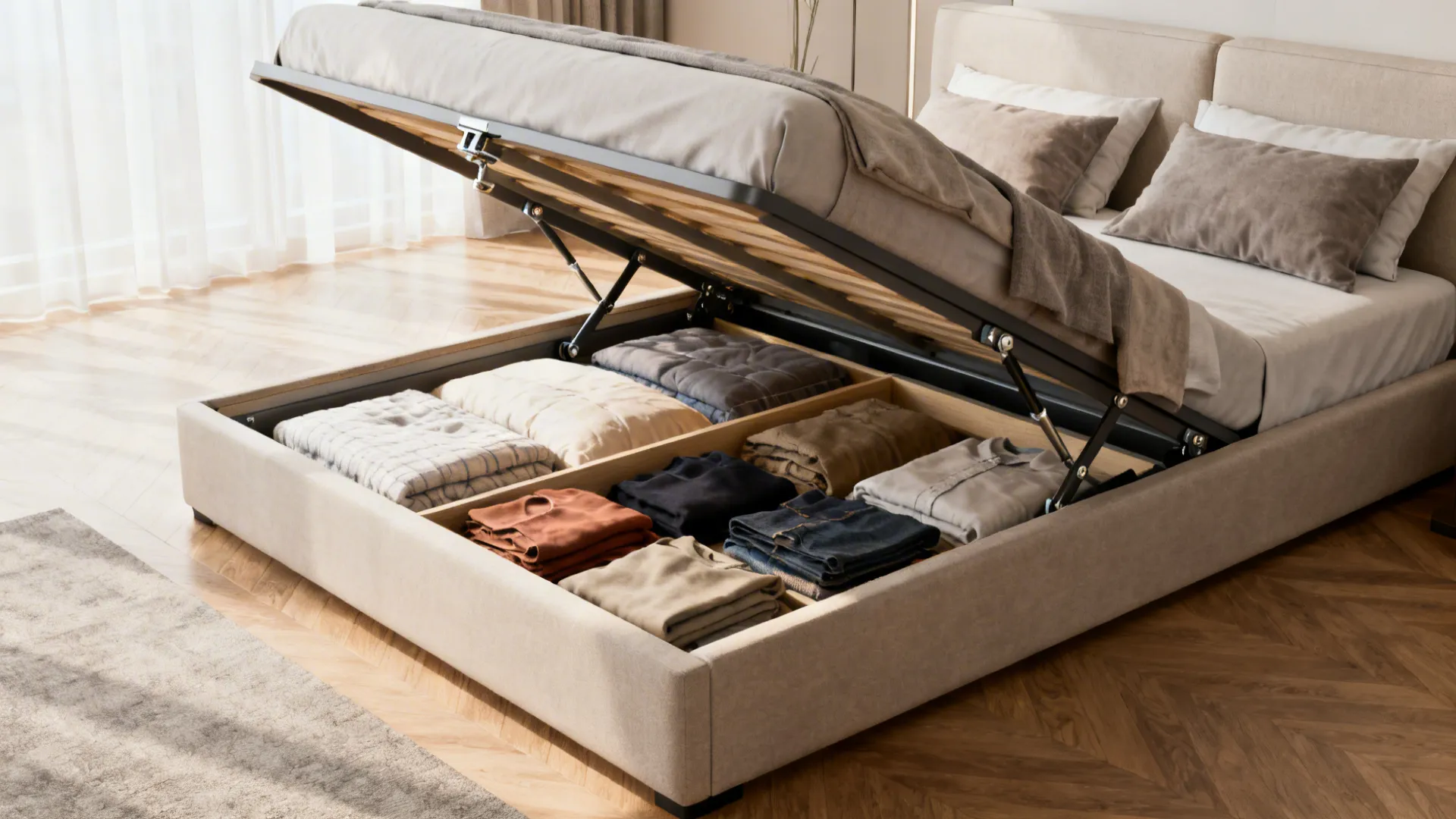 Gas-lift bed frame raised to reveal deep under-bed storage with bedding and clothes.