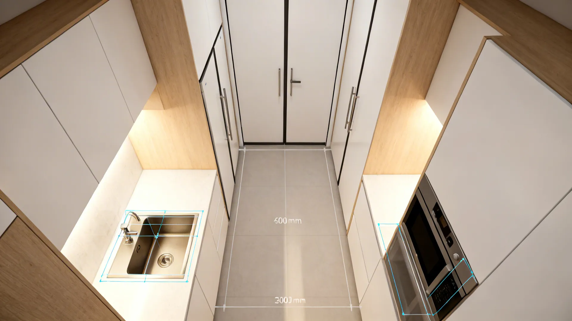 Top-down view showing how lift-up and bifold cabinet doors keep a narrow galley aisle clear.
