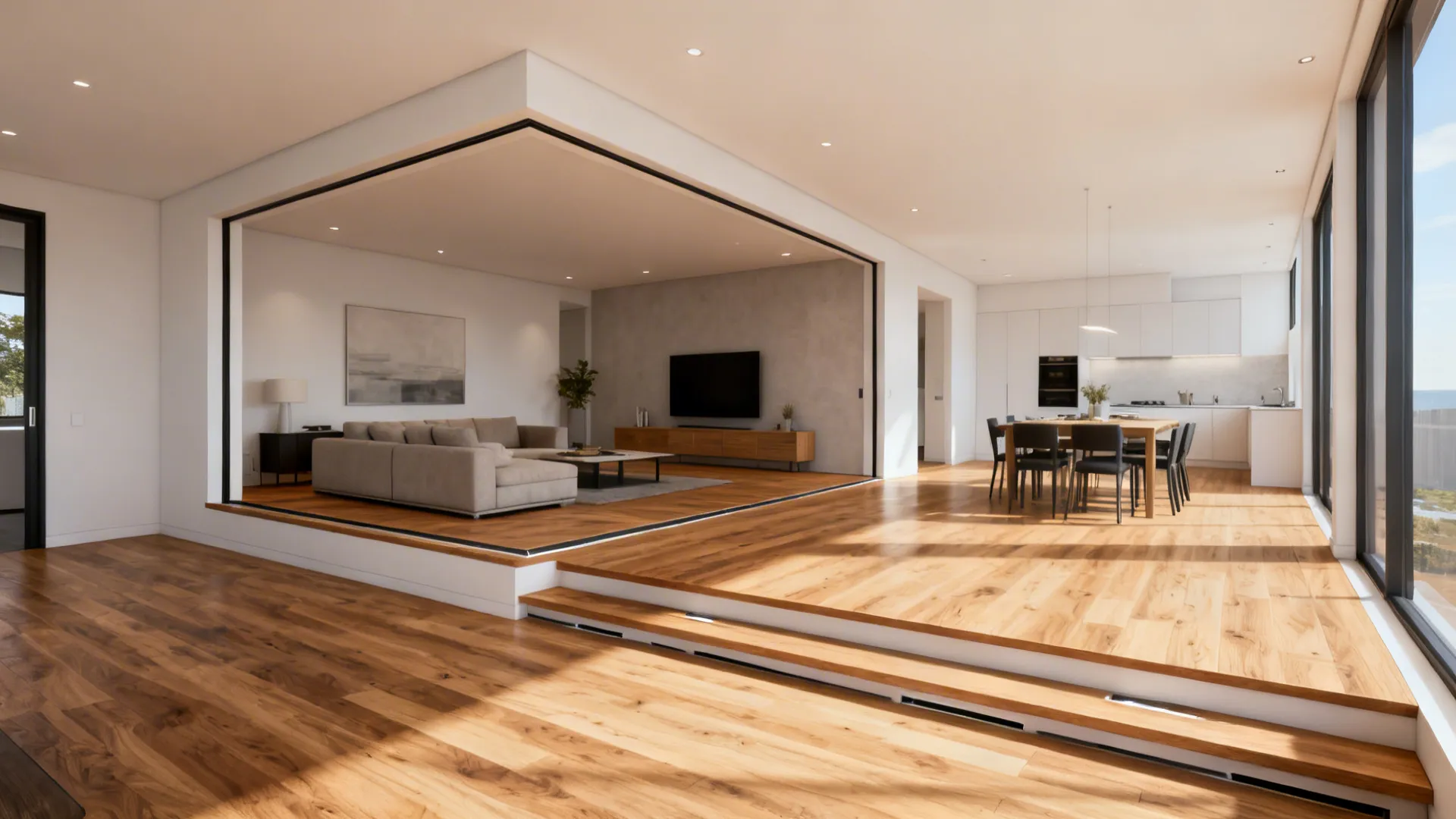 Open-plan interior with sunken area raised and continuous hardwood flooring creating a seamless flow.