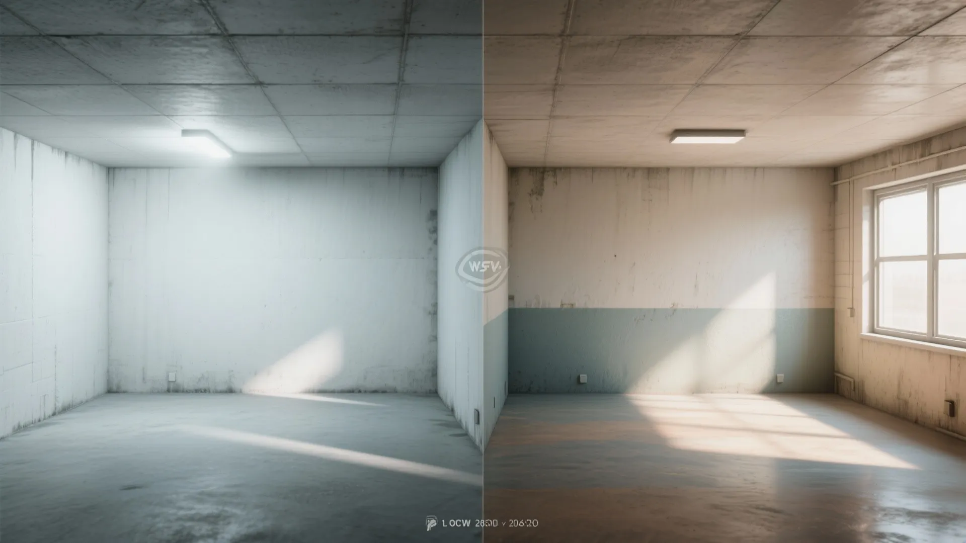 Before and after comparison of an empty room showing different wall paint and ceiling light