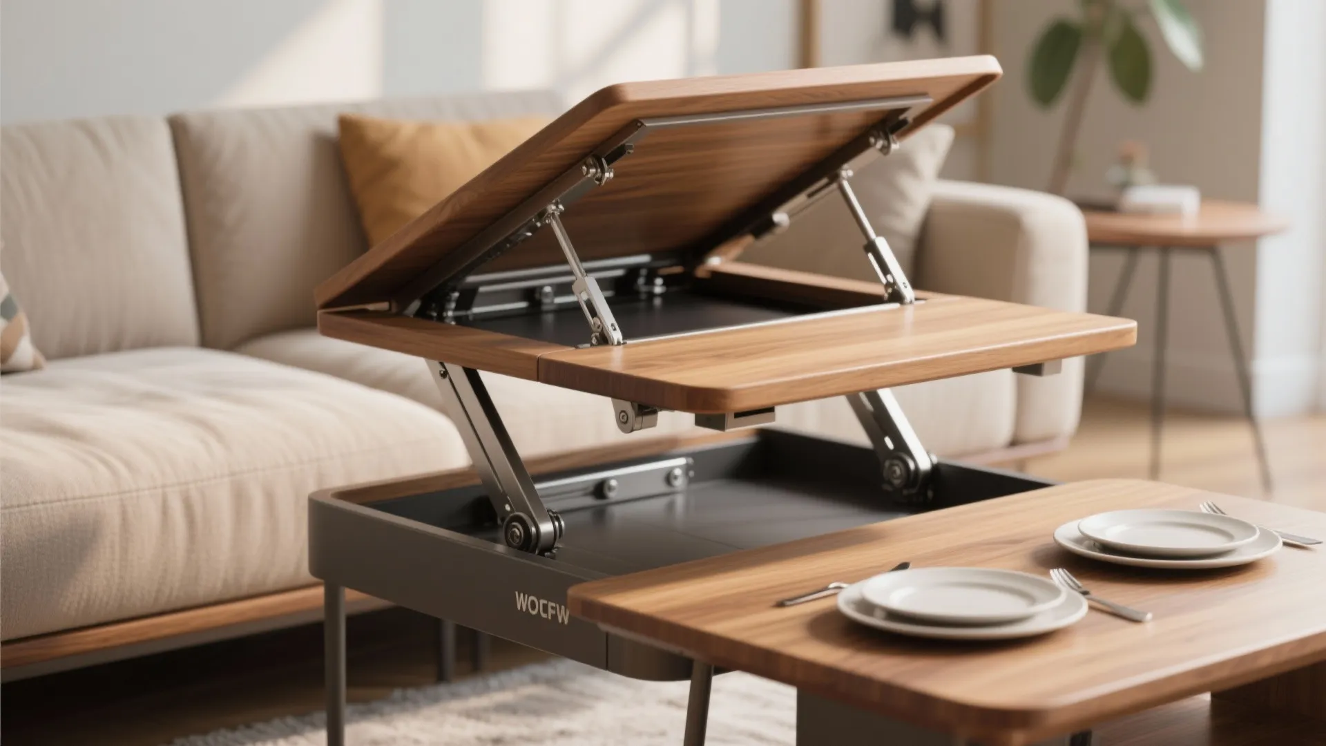 Modern wood coffee table with a lifting top mechanism showing hidden storage space and dining setup