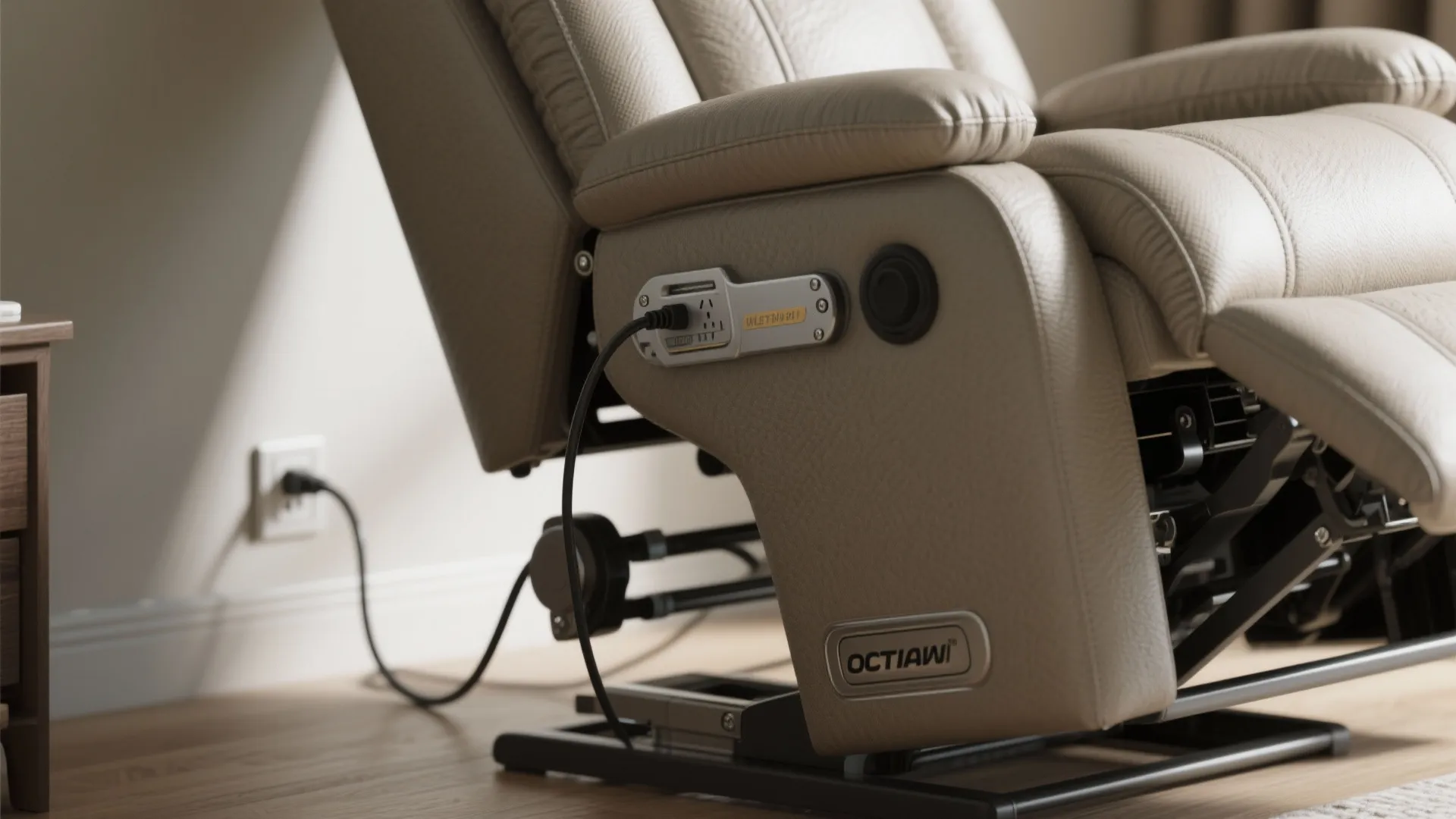 Close up of an electric leather sofa showing integrated charging port and power cable on side