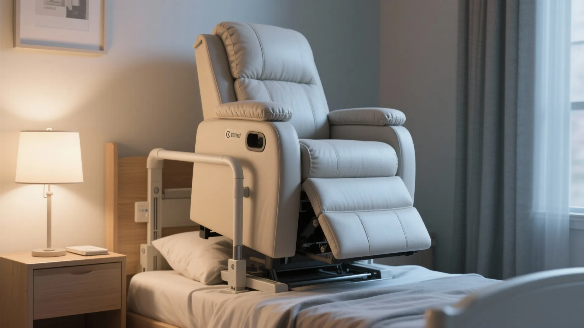White power lift recliner chair placed on a bed in a bedroom with a lamp