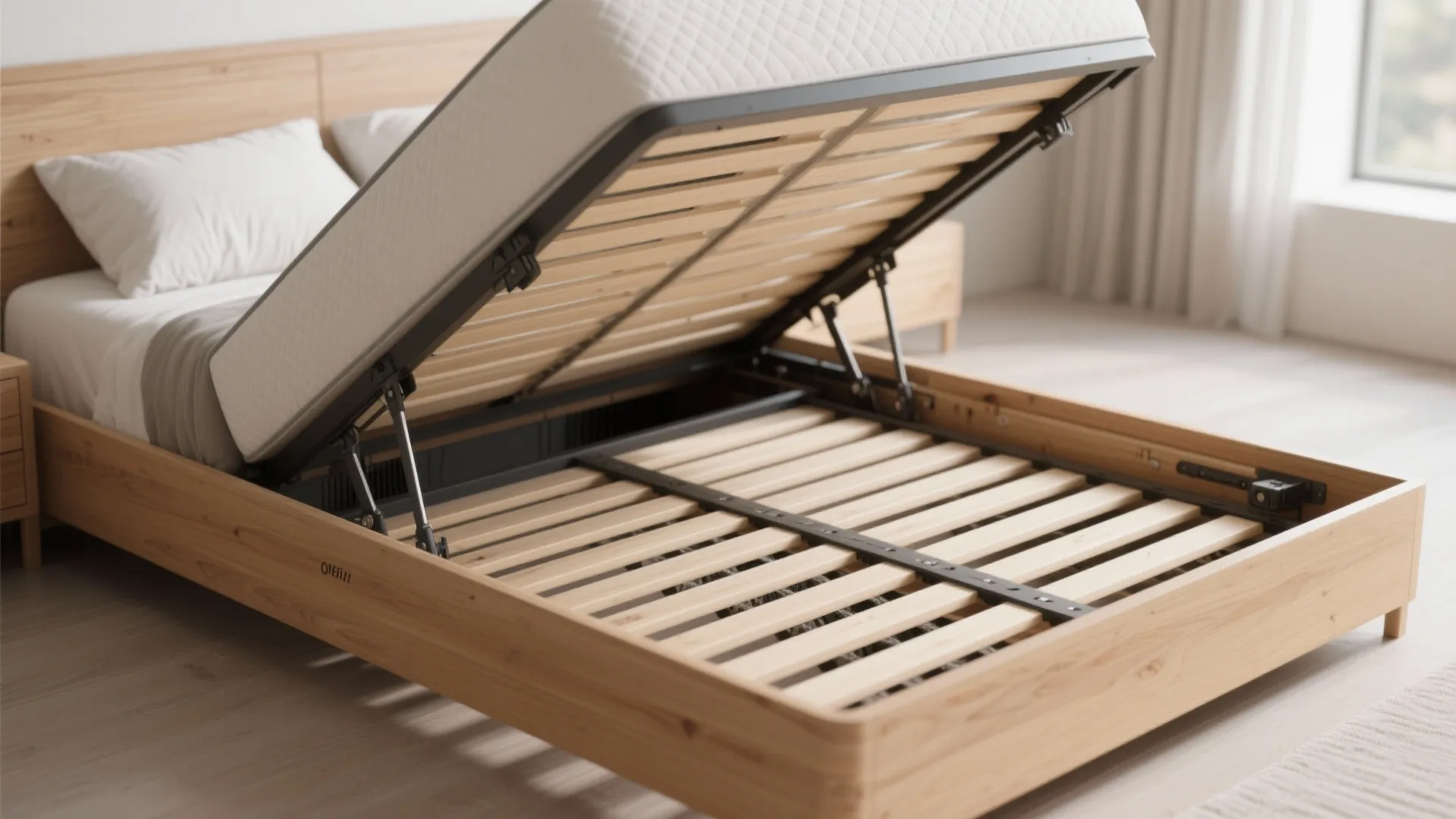 3. Lift-up slatted frames with ventilated storage – mattress-friendly design