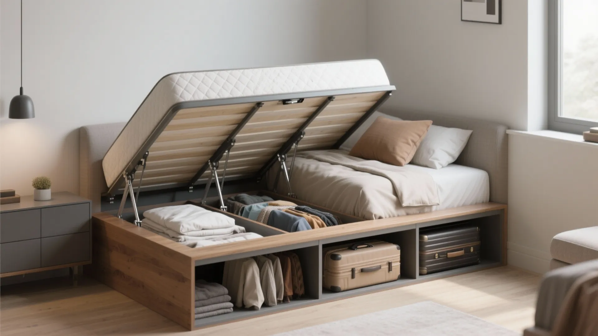 Wooden bed with lifted mattress showing storage space filled with clothes and suitcases in home bedroom