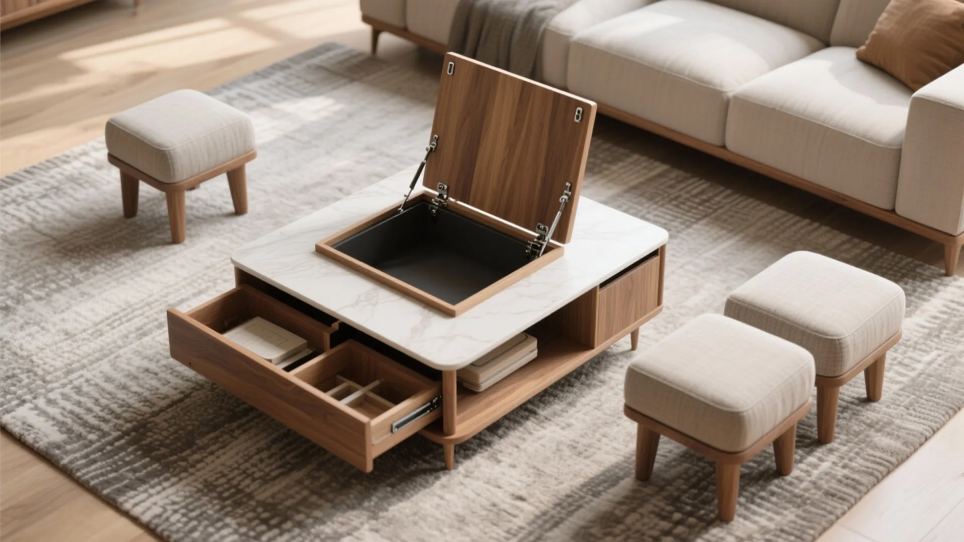 Functional coffee table with hidden storage compartments open drawers and matching small footrests on rug