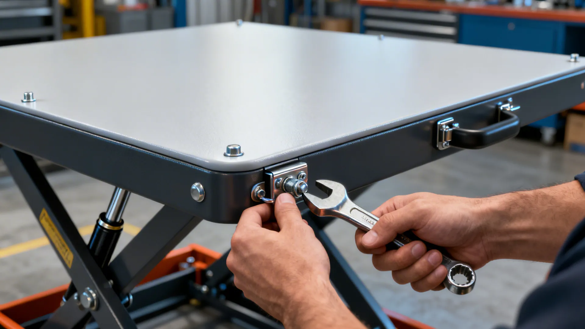 Montage showing lift-table maintenance: tightening bolts, replacing gas strut, and rounded-edge safety details