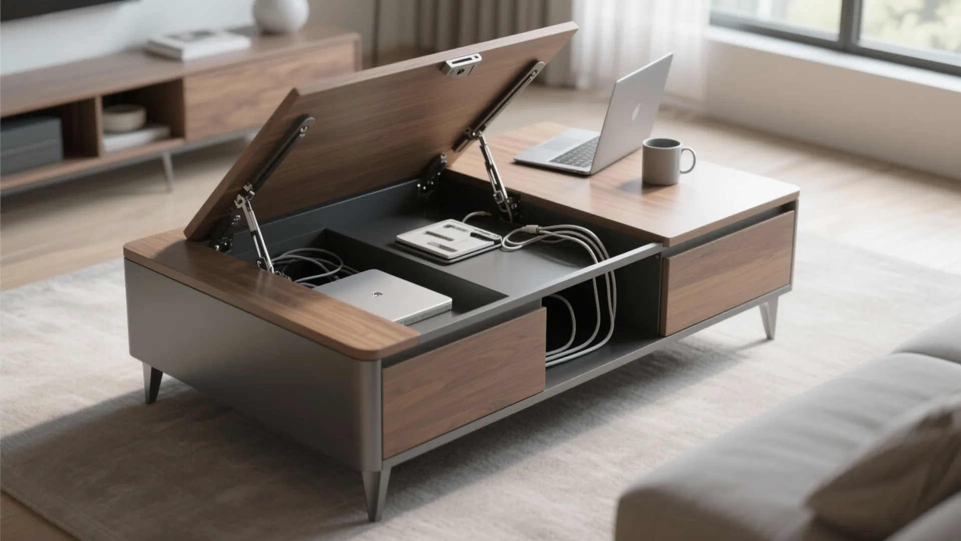 Modern coffee table with lift top open showing hidden storage for cables and electronic devices