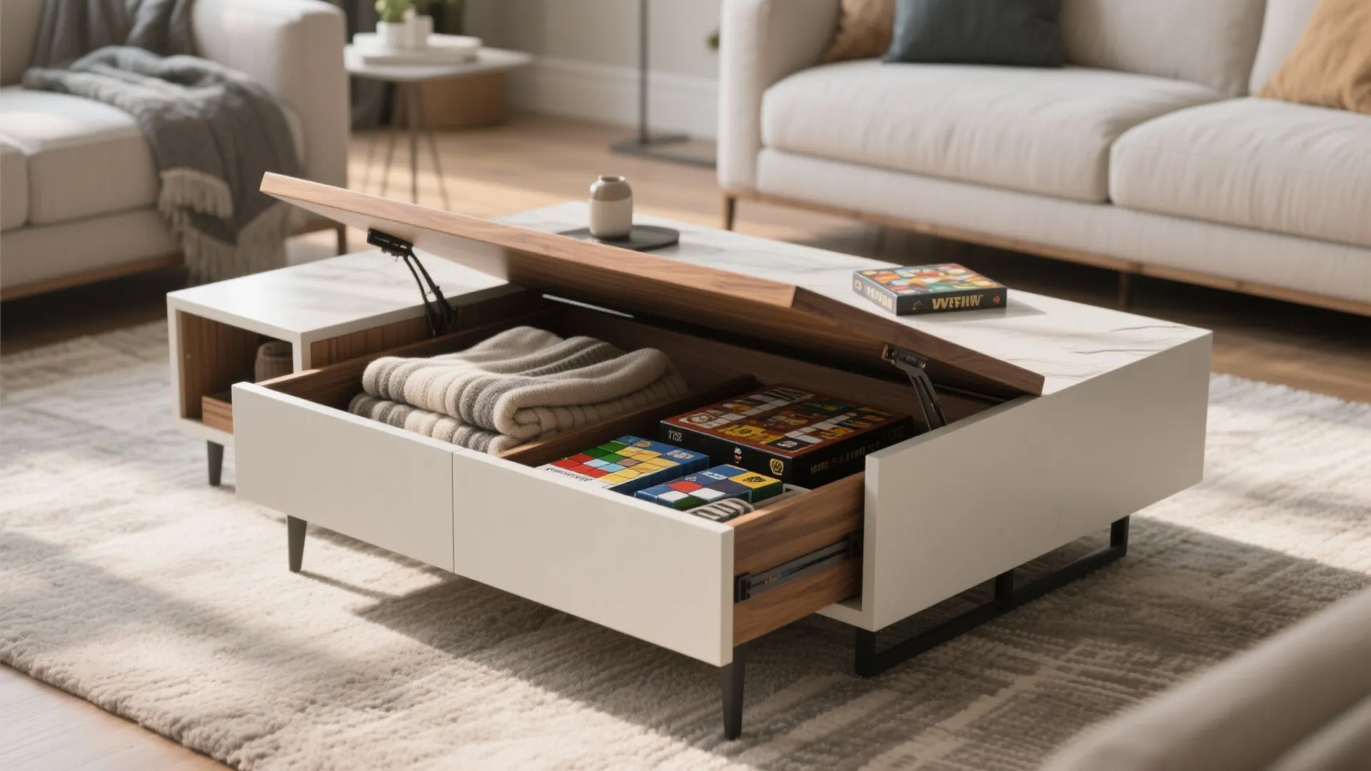 Modern white lift top coffee table with hidden storage space containing blankets and board games