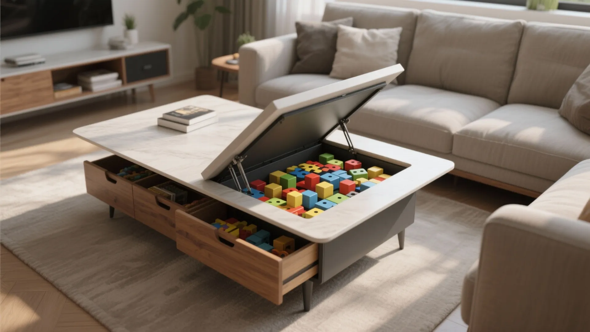 Modern lift top coffee table with open compartments for toy storage in a bright living room