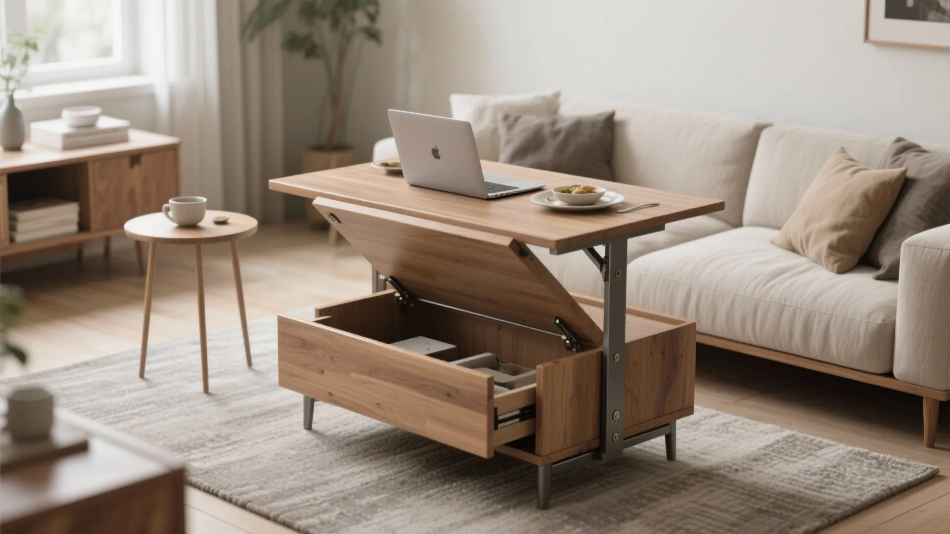 Wooden coffee table with a lift top being used as a desk for a laptop