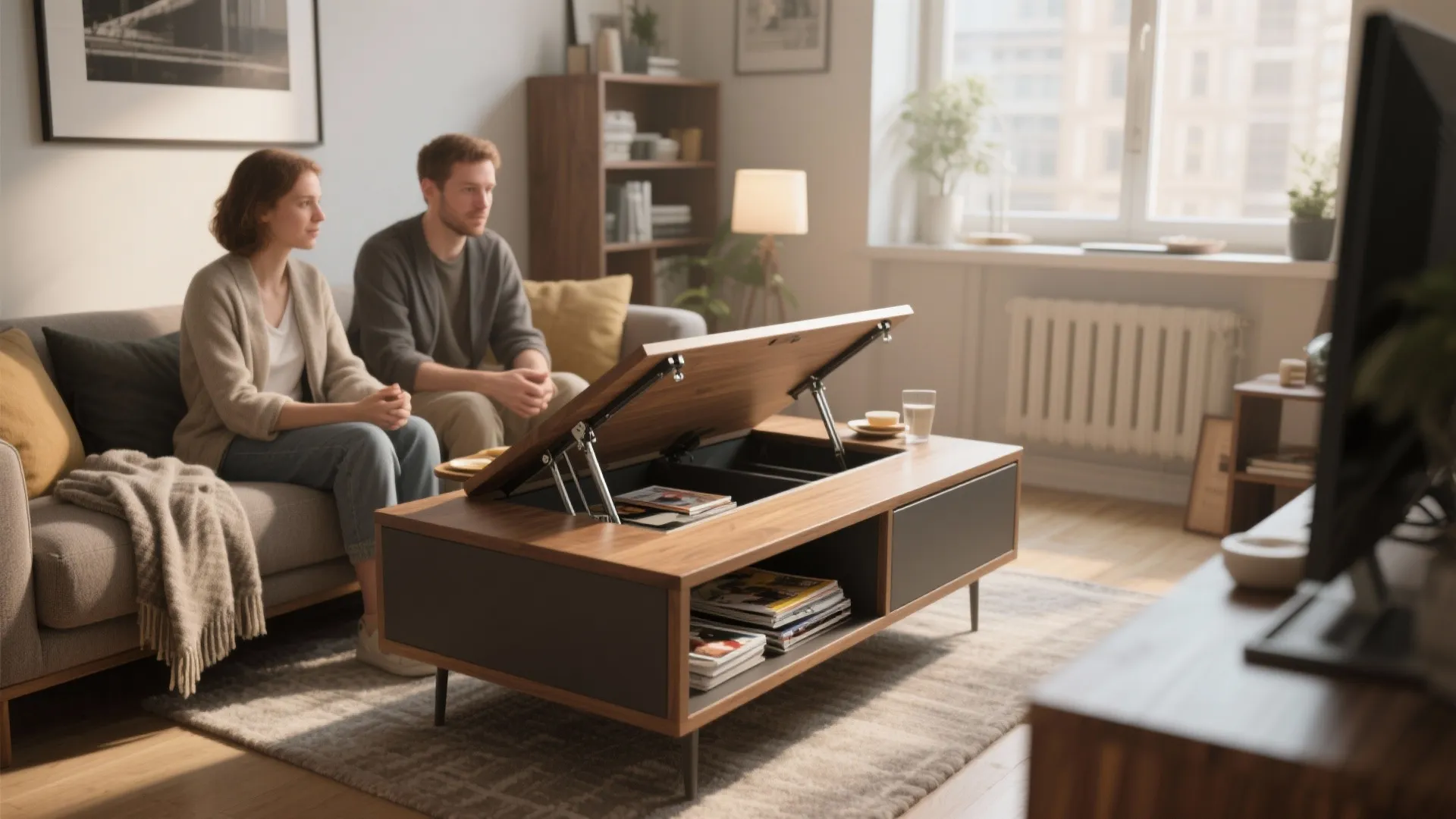 Couple sitting on sofa while using wooden lift top coffee table with storage in bright room