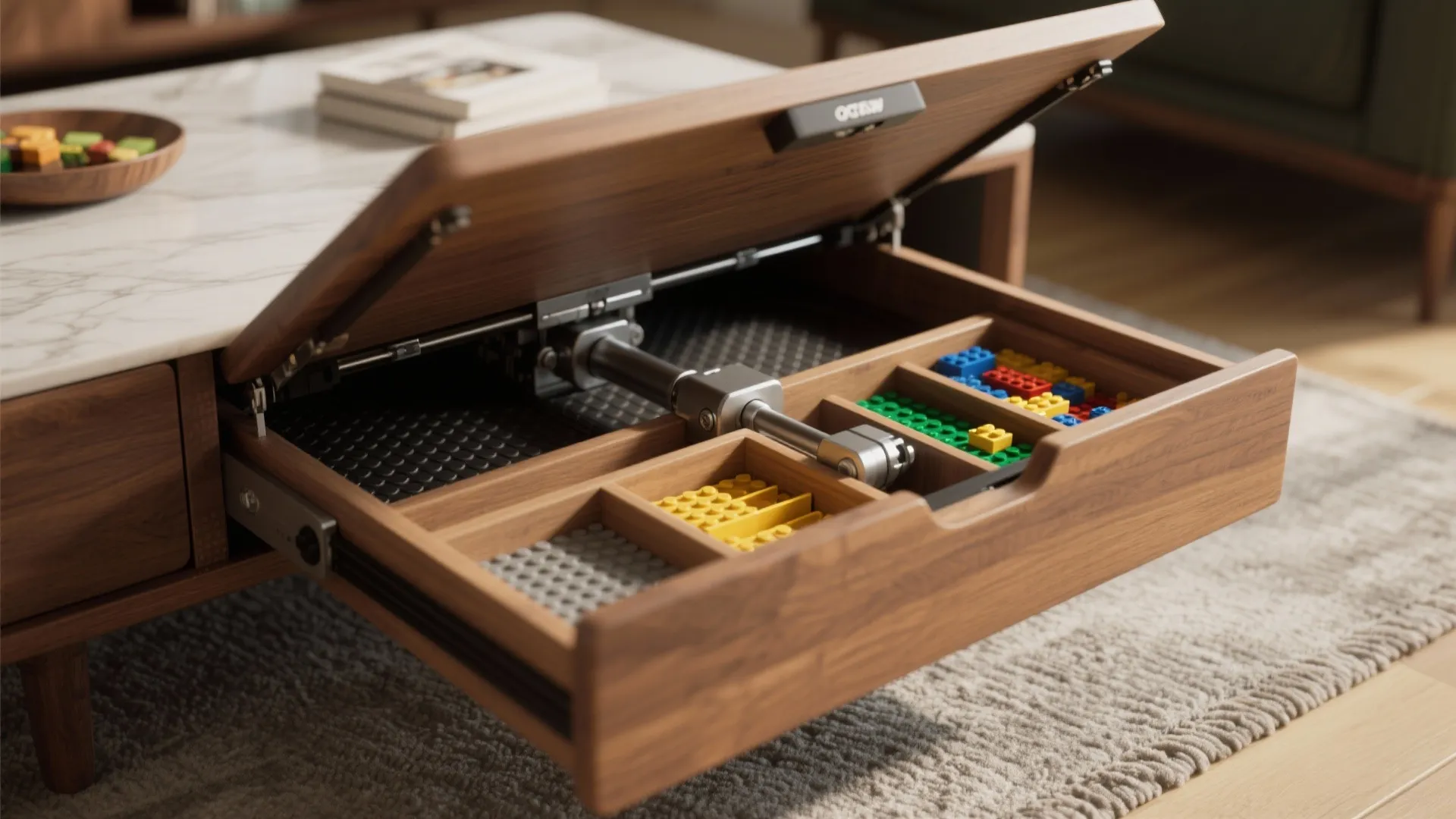 Wooden coffee table with marble top lifted showing storage drawer filled with colorful toy blocks