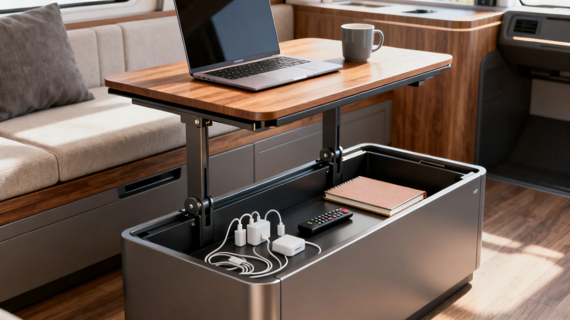 Lift-top coffee table raised to act as a mini-desk, showing organized hidden storage underneath